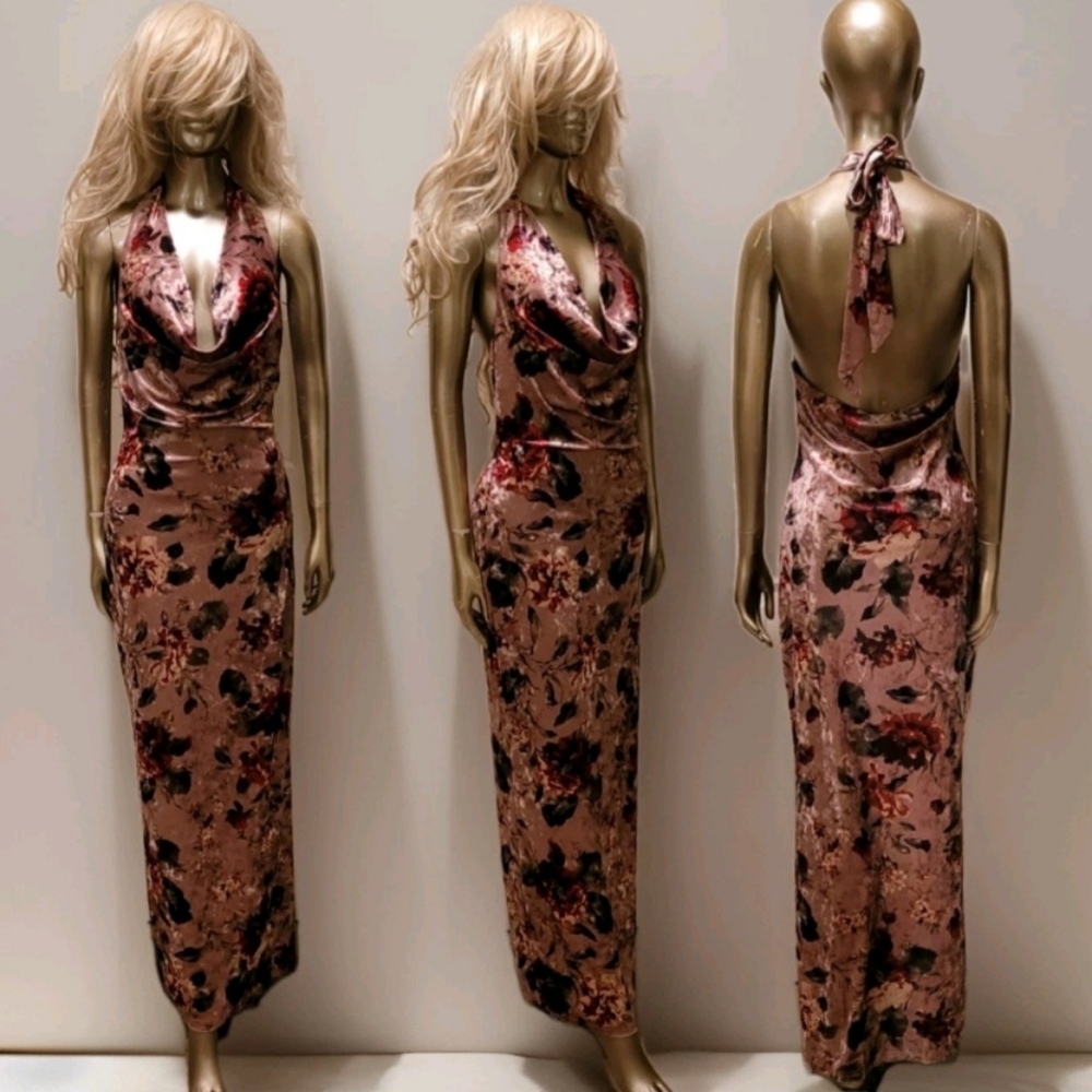 NWT Elegant Blush Floral Velvet Draped Neck Bodycon Day Maxi Dress Sz M - Picture 16 of 16